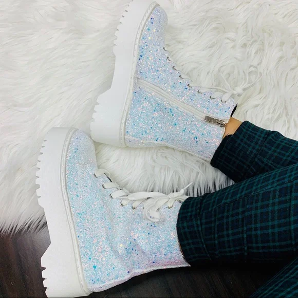 White Glitter Combat Boots - Picture 7 of 10